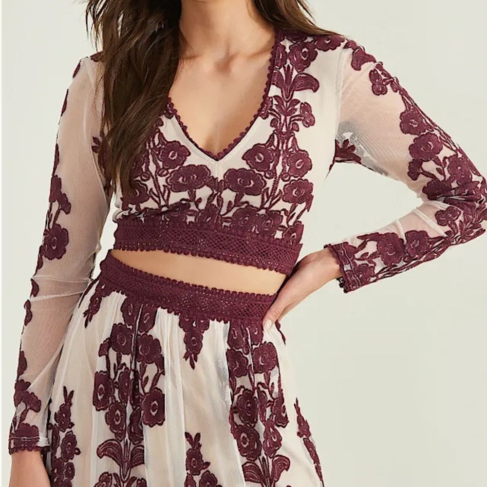 ALTAR’D STATE Maude Floral Embroidered Mesh Long Sleeve Crop Top LARGE